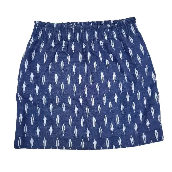 J.Crew Aztec Western Linen Blue Skirt Feather Design Pocket Paper Bag Waist 4 - Picture 1 of 8